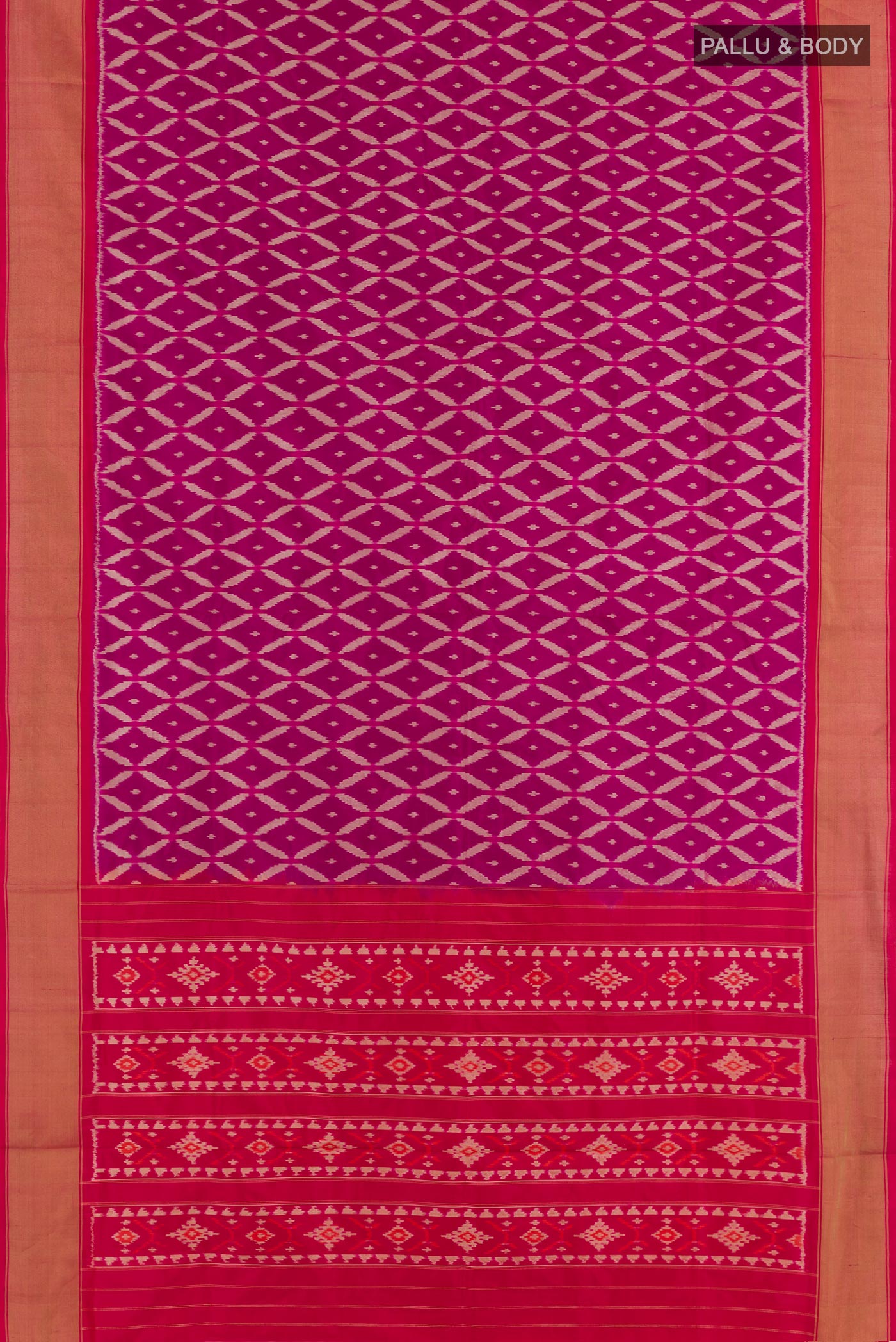 Flat view of Purple Pochampally Silk Saree with Ikat design on the body and Zari Border. 