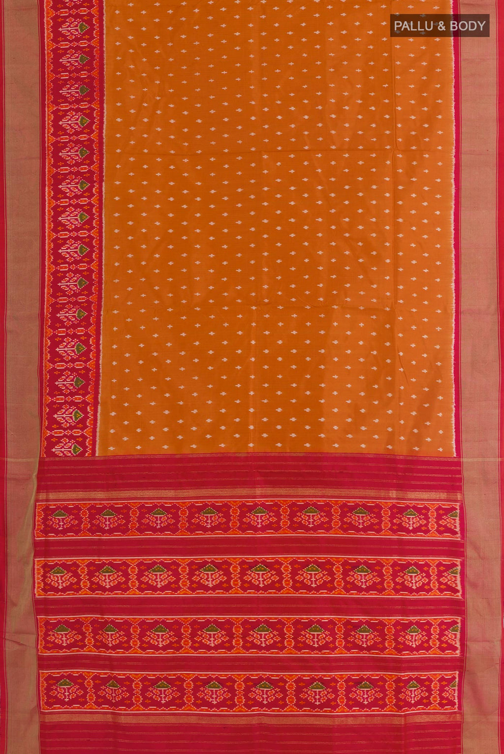 Flat view of Orange Pochampally Silk Saree with Pure Ikat on the body and Zari Border. 