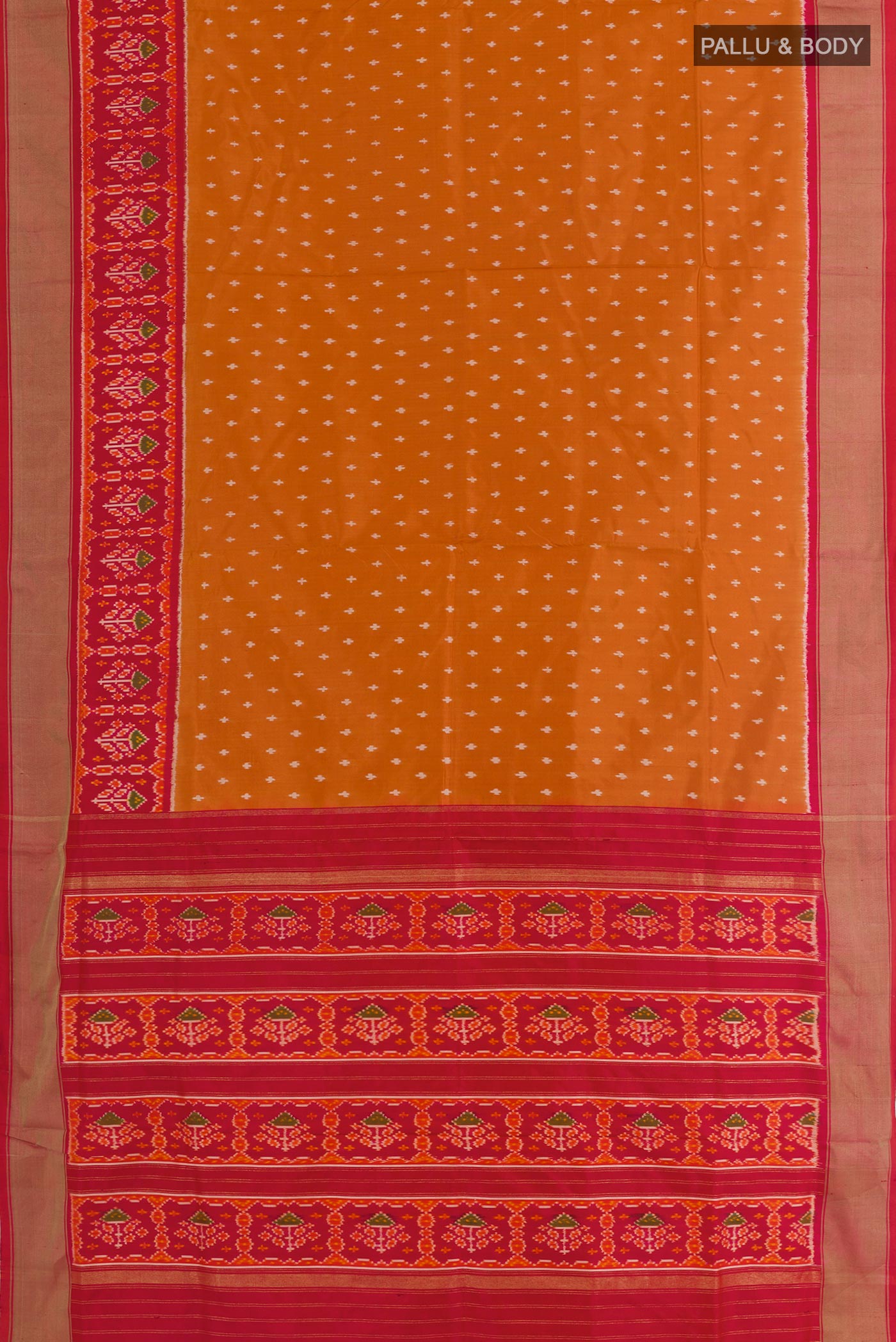 Flat view of Orange Pochampally Silk Saree with Pure Ikat on the body and Zari Border. 