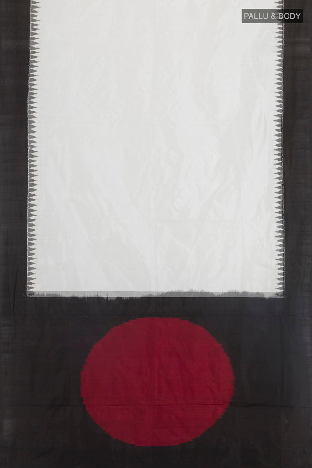Flat view of White Pochampally Silk Saree with Ikat design on the body and Zari Border. 