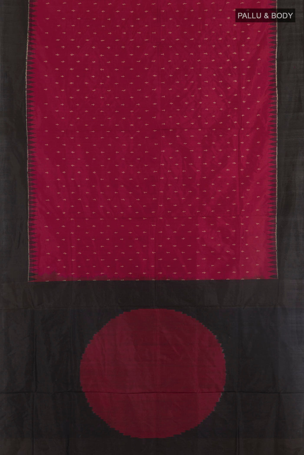 Flat view of Red Pochampally Silk Saree with Ikat design on the body and Plain Border. 