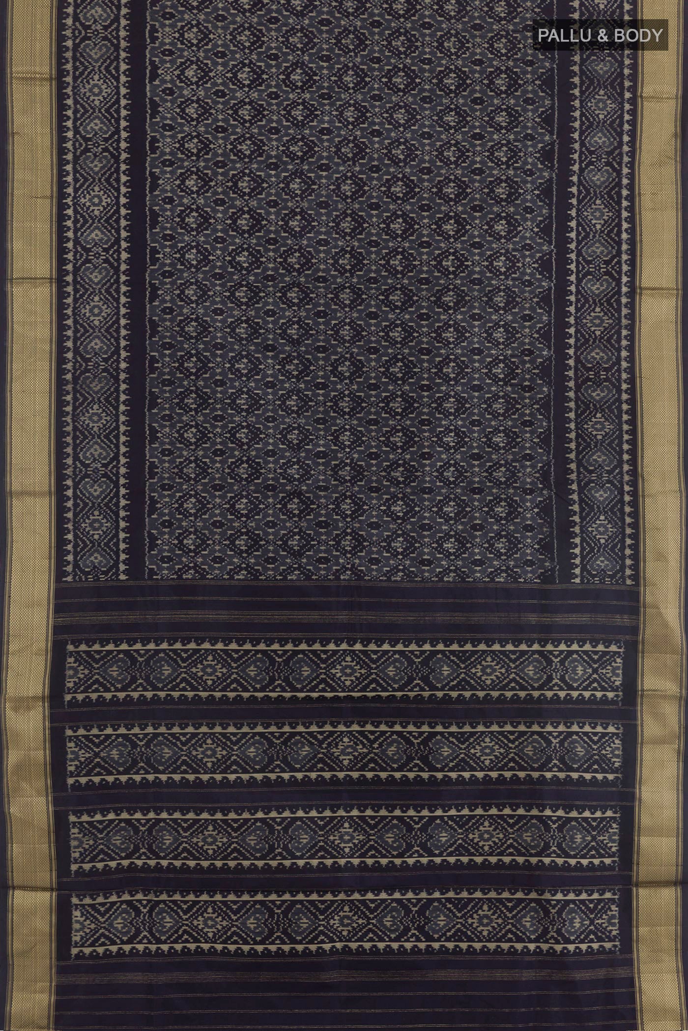 Flat view of Blue Pochampally Silk Saree with Ikat design on the body and Zari Border. 
