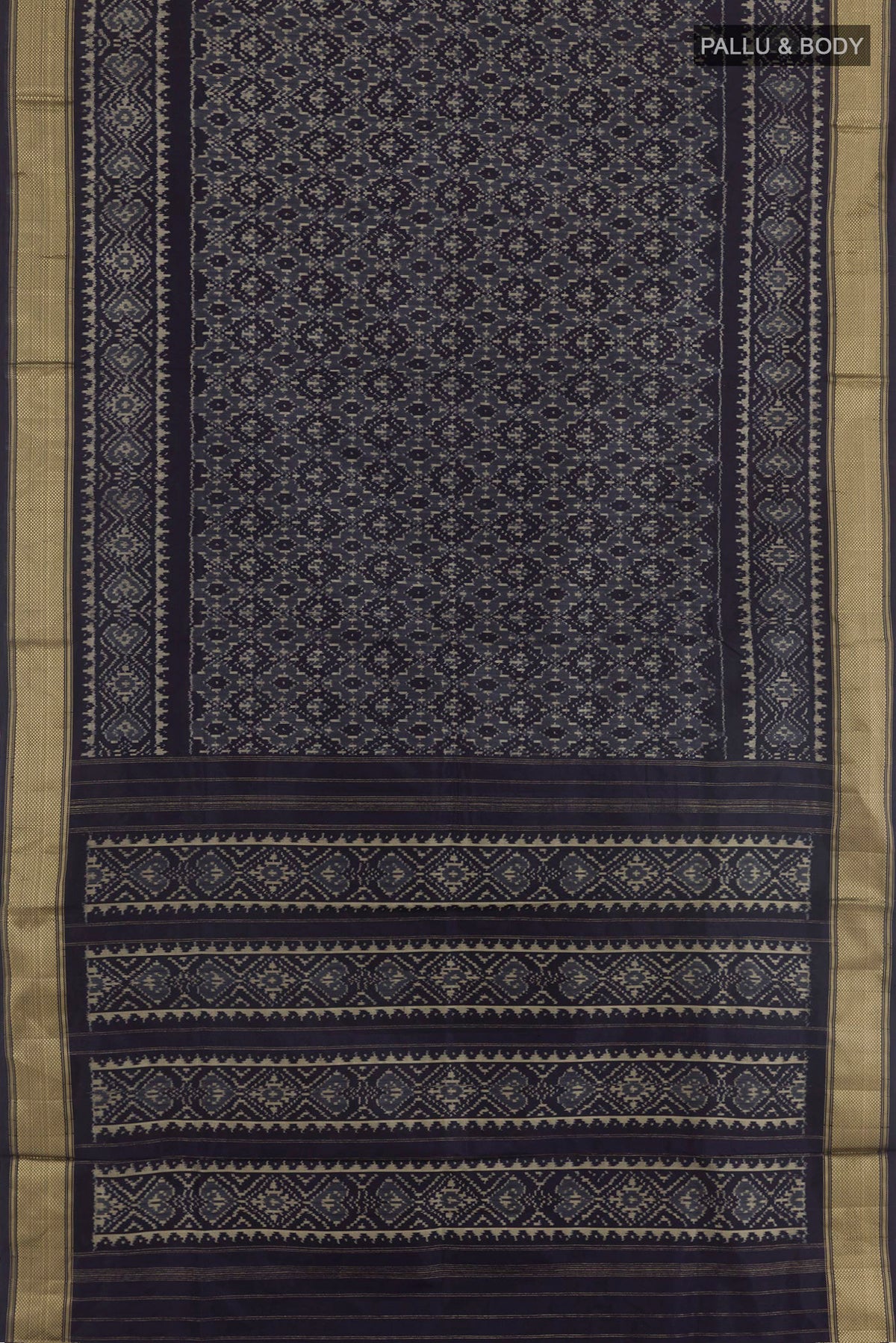 Flat view of Blue Pochampally Silk Saree with Ikat design on the body and Zari Border. 