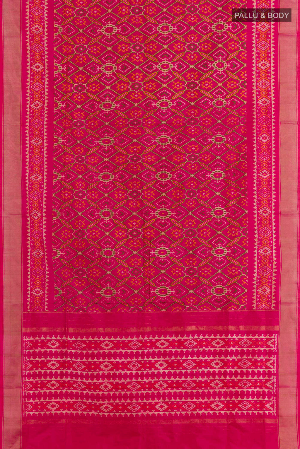 Flat view of Pink Pochampally Silk Saree with Pure Ikat on the body and Zari Border. 