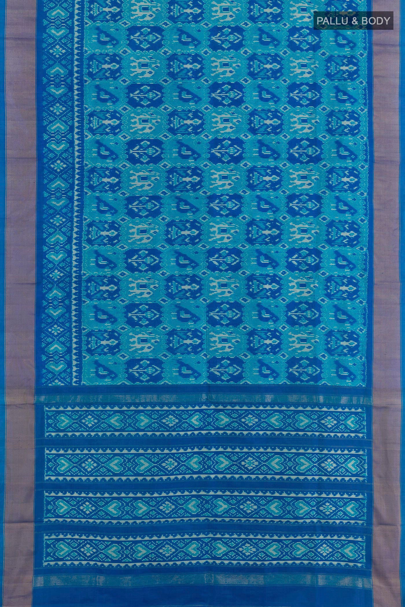 Flat view of Blue Pochampally Silk Saree with Ikat design on the body and Zari Border. 