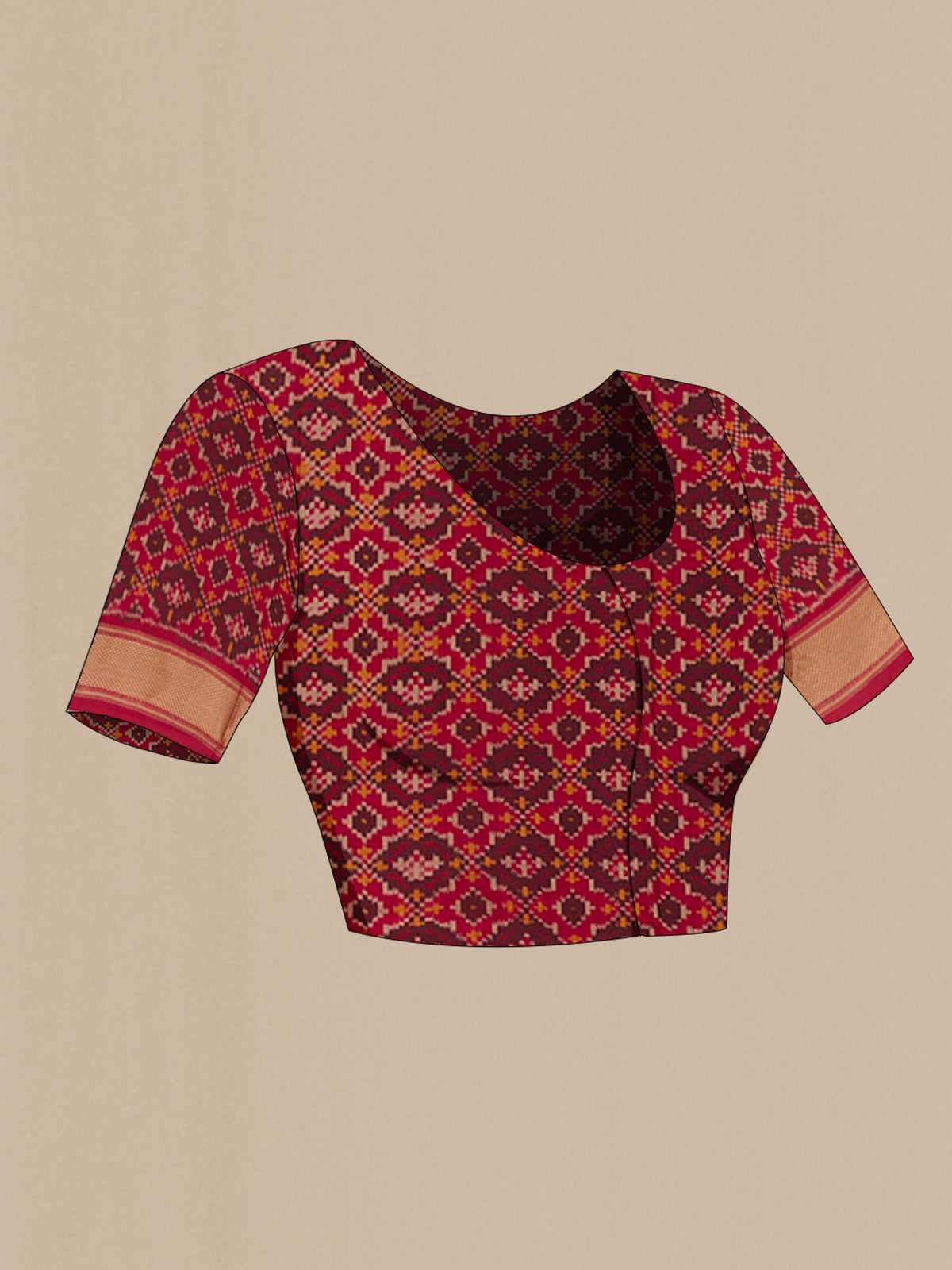 Close up image of the blouse of Beige Pochampally Silk Saree with Checked design on the body and Zari Border. 