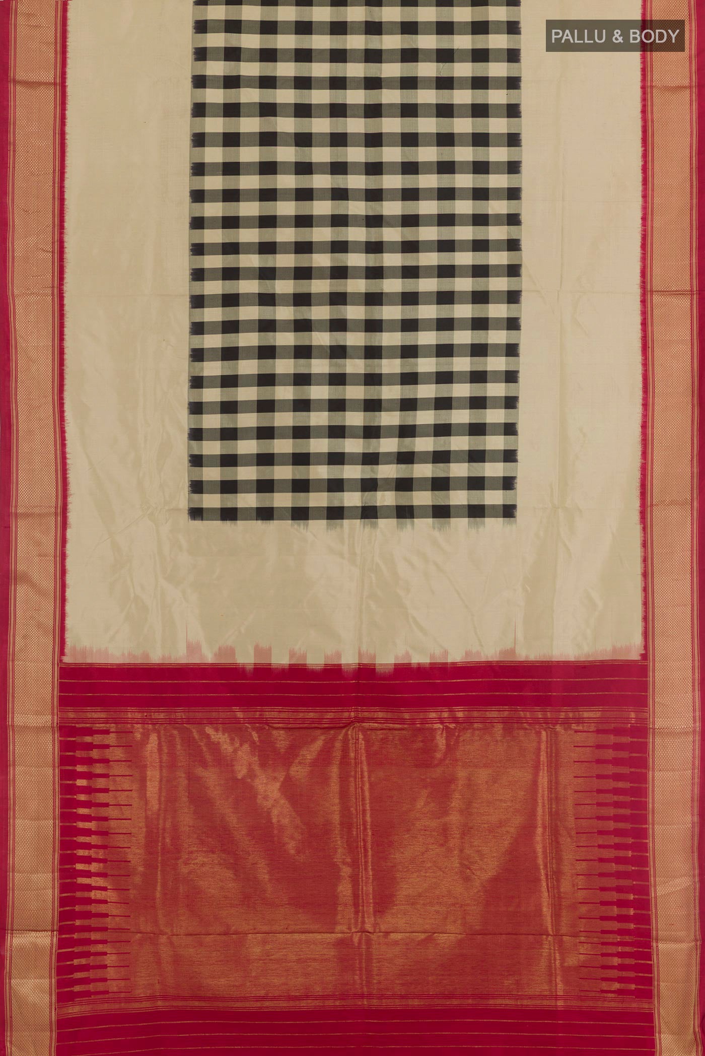 Flat view of Beige Pochampally Silk Saree with Checked design on the body and Zari Border. 