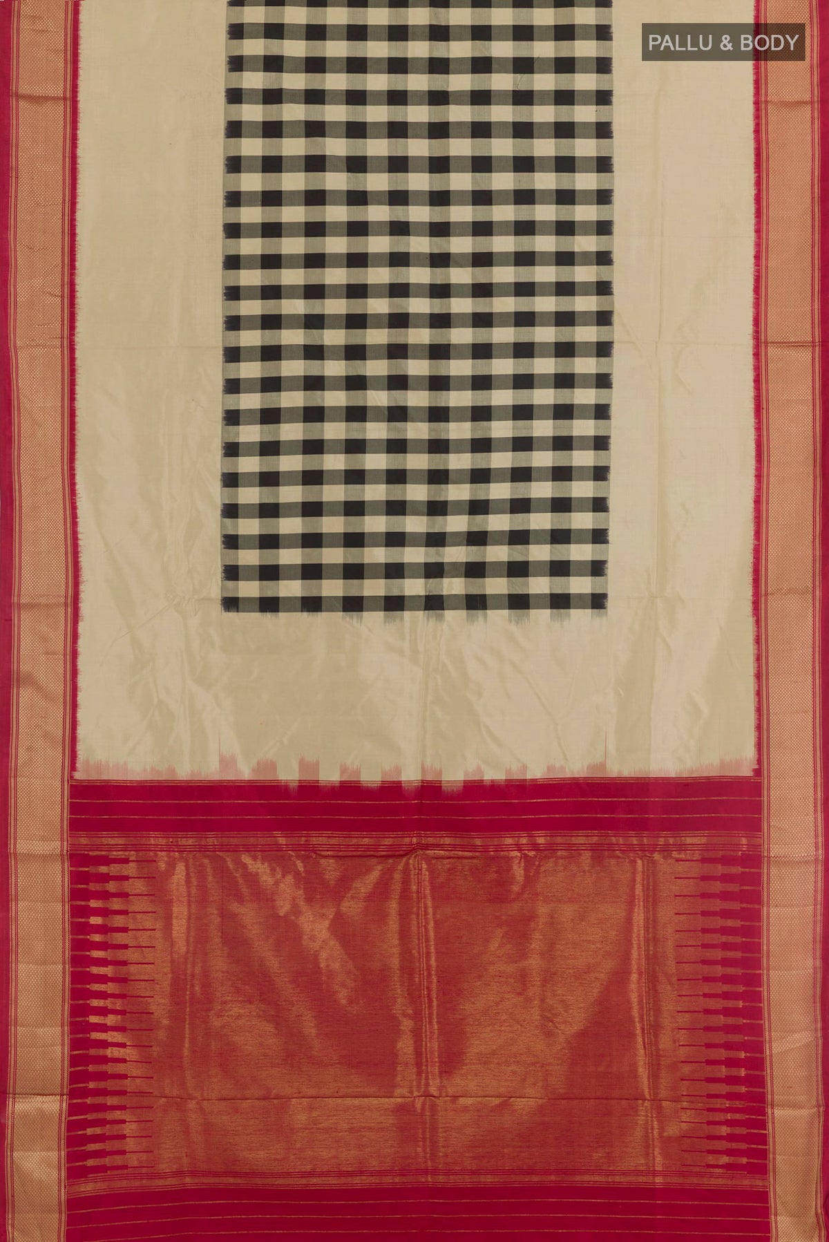 Flat view of Beige Pochampally Silk Saree with Checked design on the body and Zari Border. 