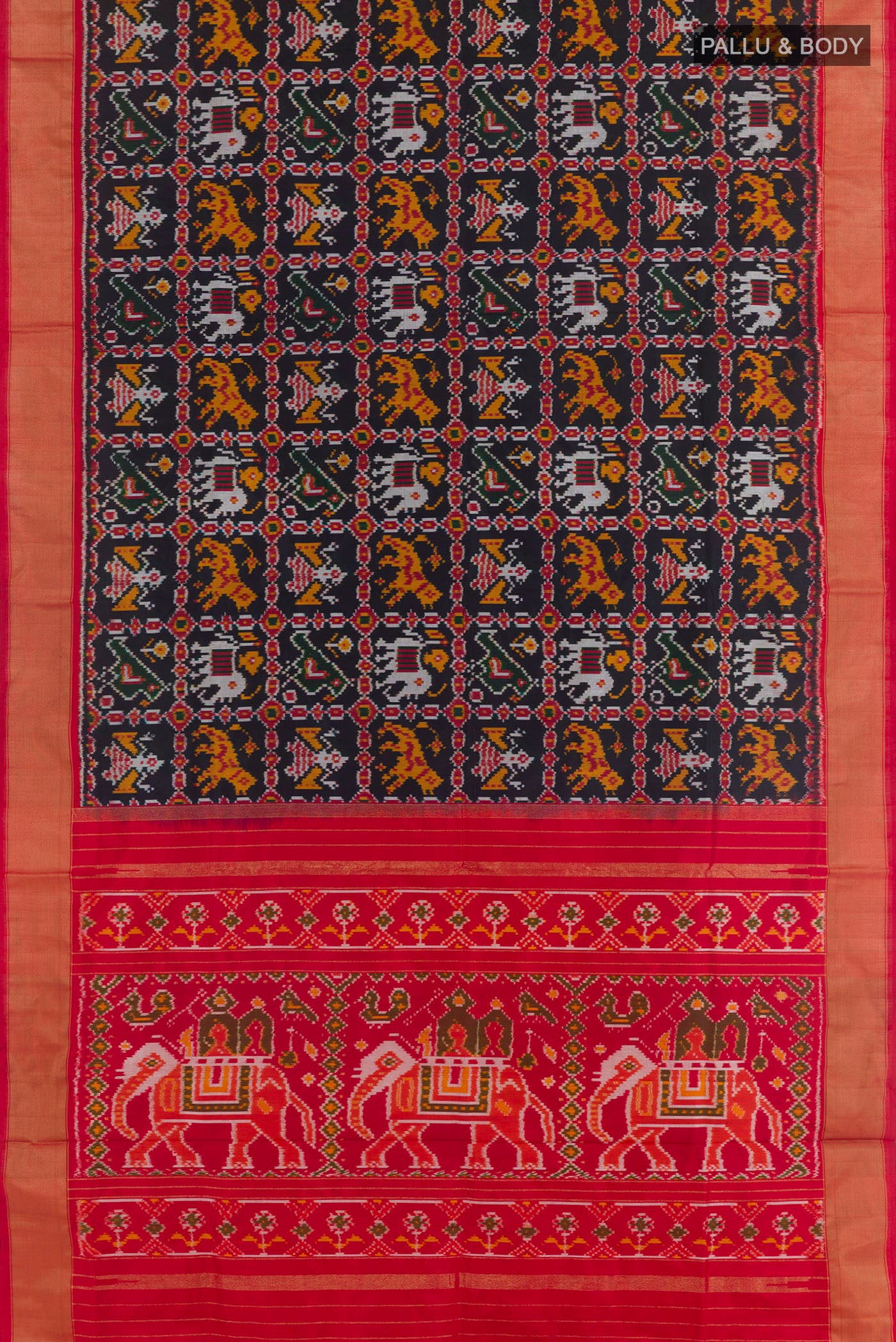 Flat view of Black Pochampally Silk Saree with Pure Ikat on the body and Zari Border. 