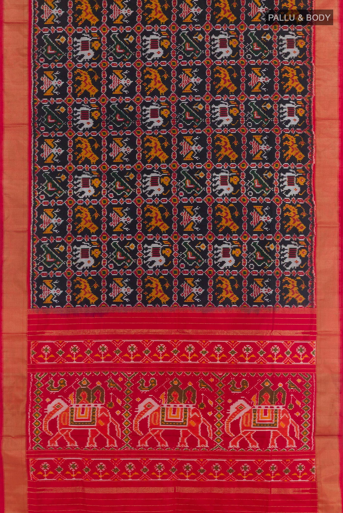 Flat view of Black Pochampally Silk Saree with Pure Ikat on the body and Zari Border. 