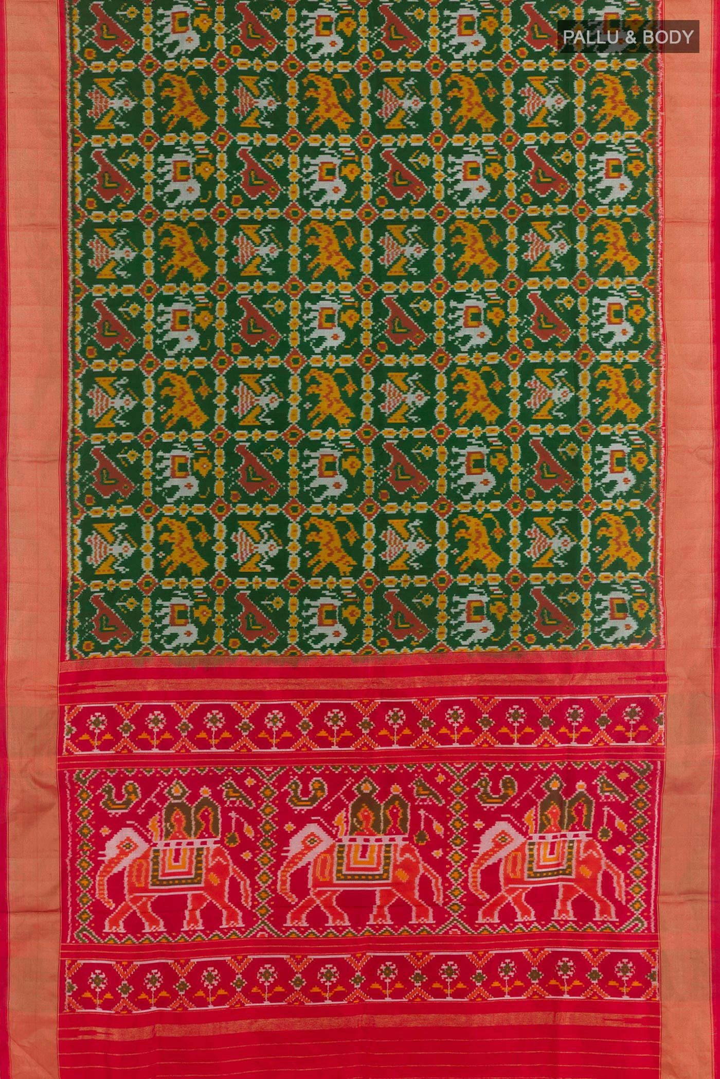 Flat view of Green Pochampally Silk Saree with Pure Ikat on the body and Zari Border. 