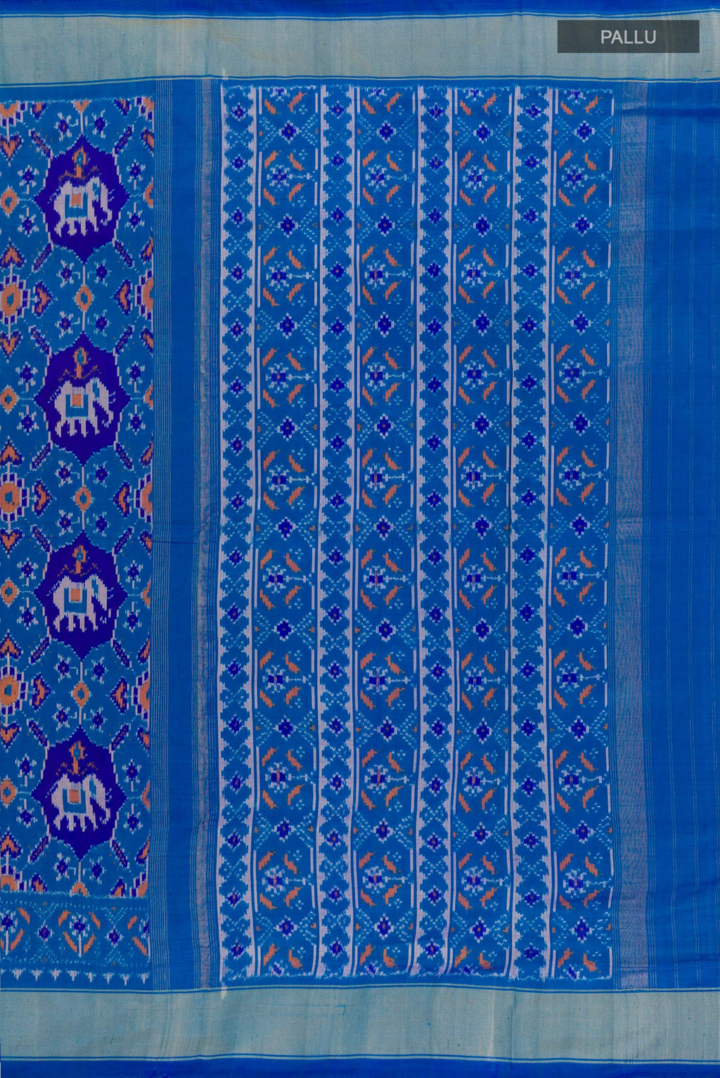 Close up image of the pallu of Blue Pochampally Silk Saree with Ikat design on the body and Zari Border. 