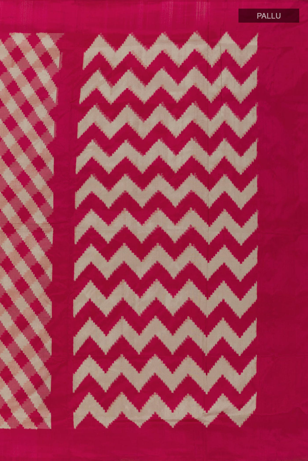 Close up image of the pallu of Pink Pochampally Silk Saree with Pure Ikat on the body and Zari Border. 