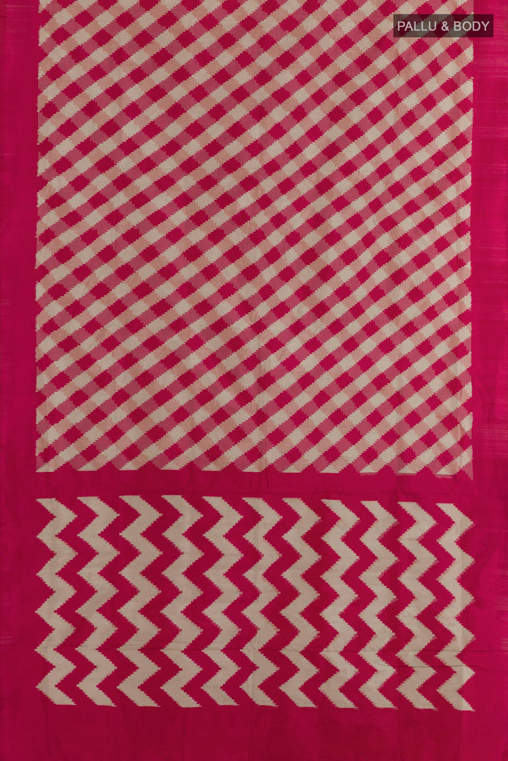 Flat view of Pink Pochampally Silk Saree with Pure Ikat on the body and Zari Border. 