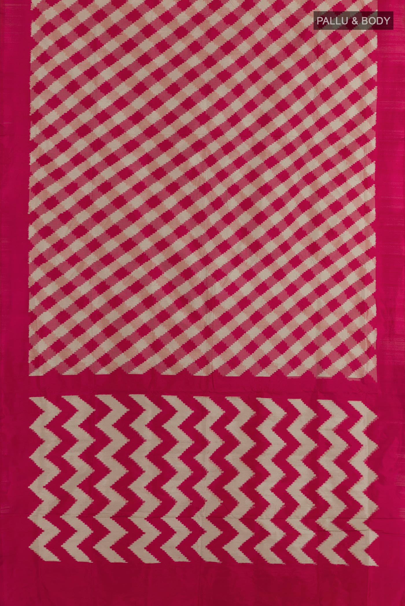 Flat view of Pink Pochampally Silk Saree with Pure Ikat on the body and Zari Border. 