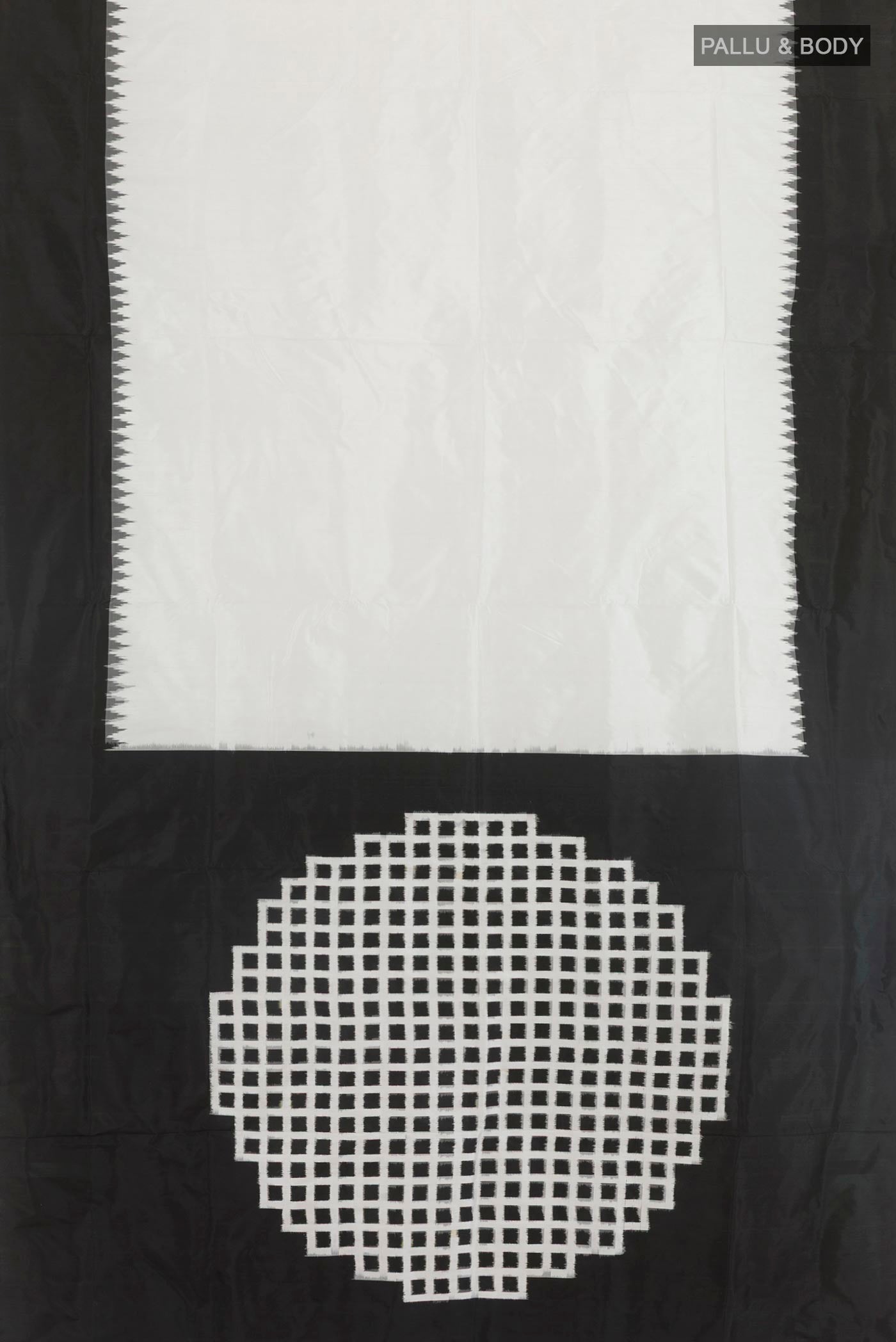 Flat view of White Pochampally Silk Saree with Ikat design on the body and Zari Border. 