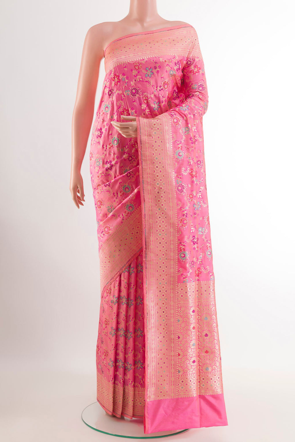 Pink Banarasi Silk Saree with Zari Brocade on the body and Zari Border.  displayed on a mannequin