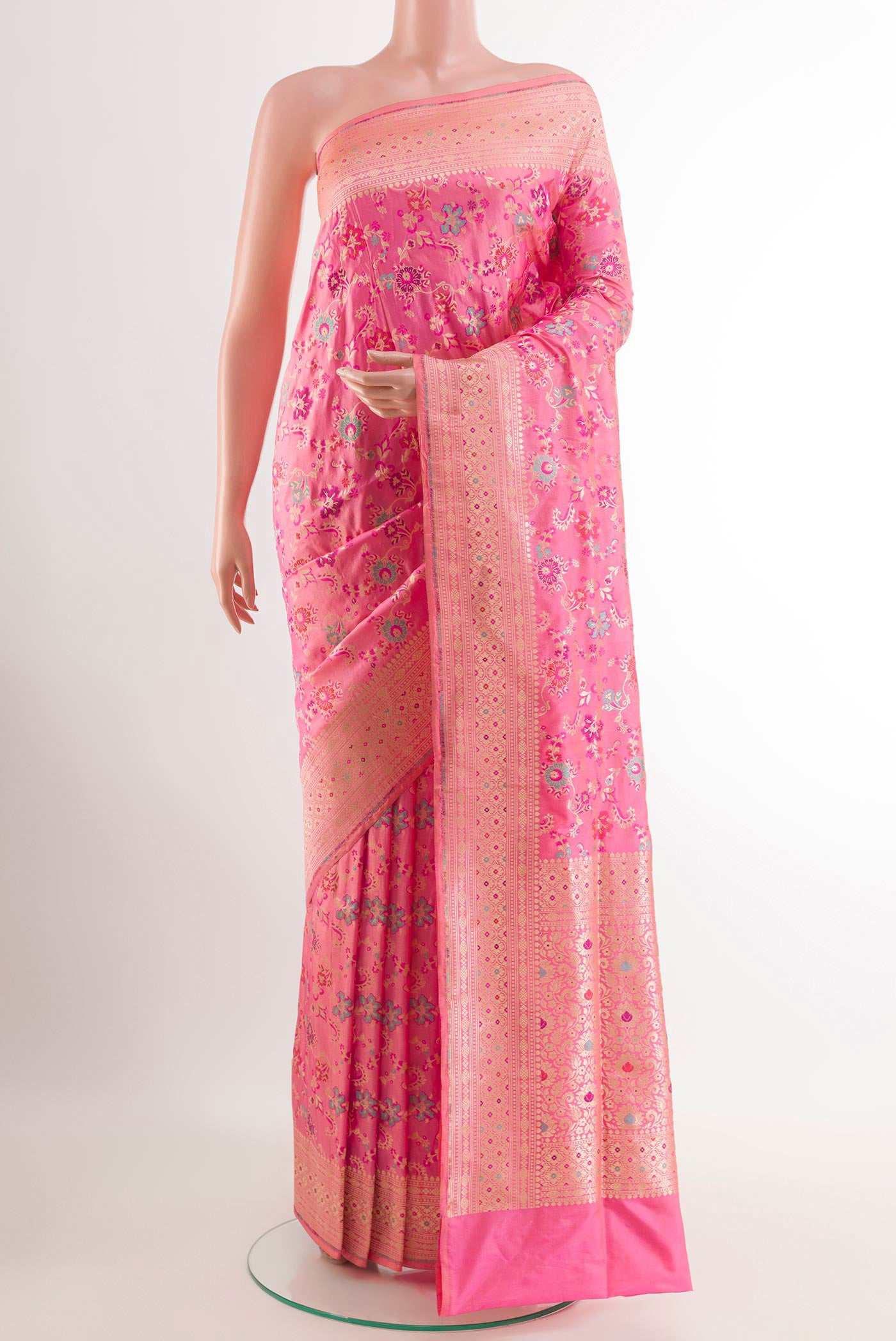 Pink Banarasi Silk Saree with Zari Brocade on the body and Zari Border.  displayed on a mannequin