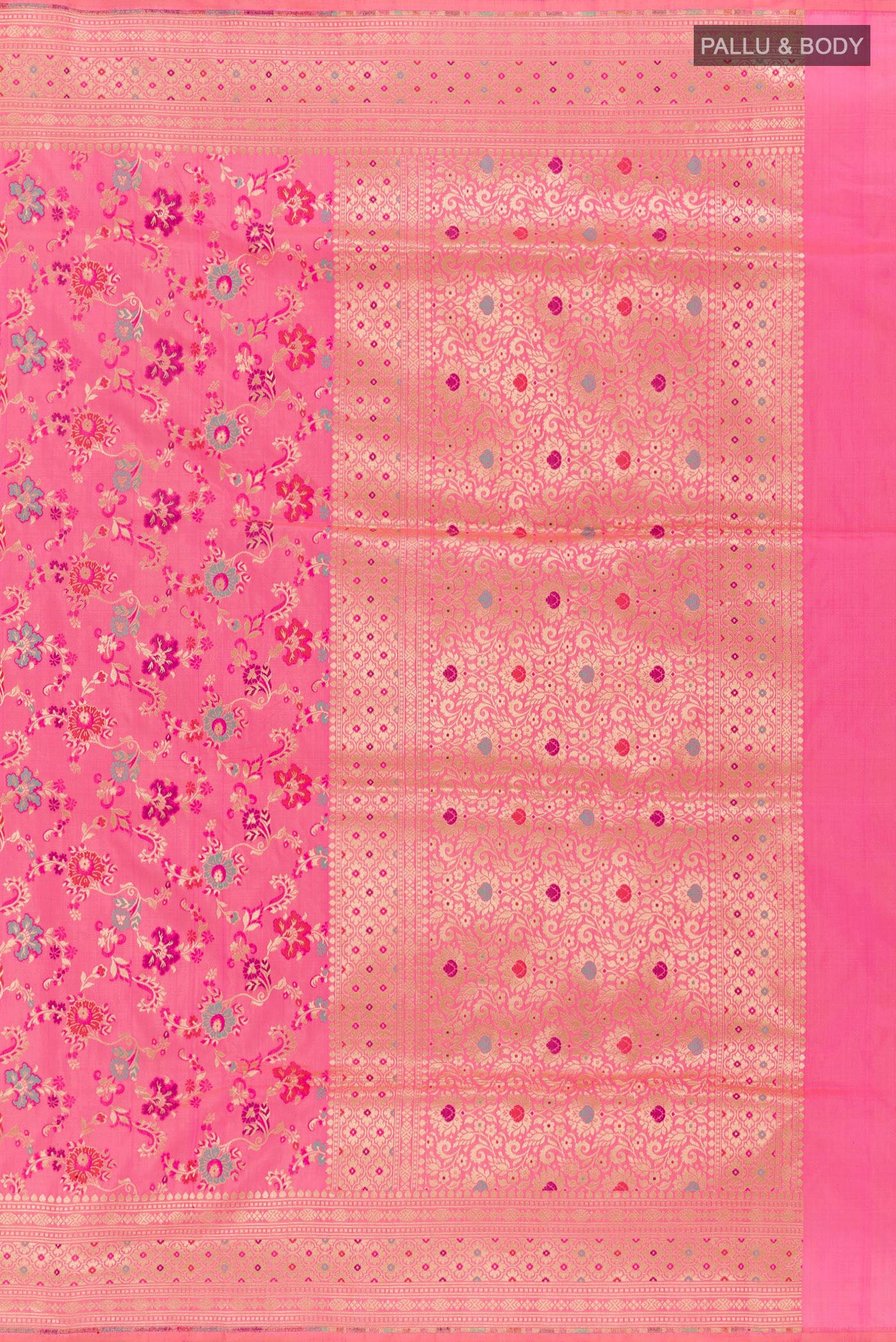 Close up image of the pallu of Pink Banarasi Silk Saree with Zari Brocade on the body and Zari Border. 