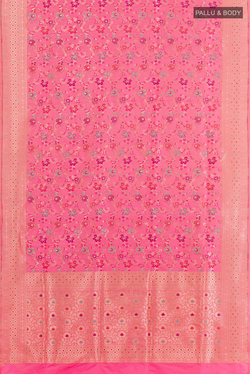 Flat view of Pink Banarasi Silk Saree with Zari Brocade on the body and Zari Border. 