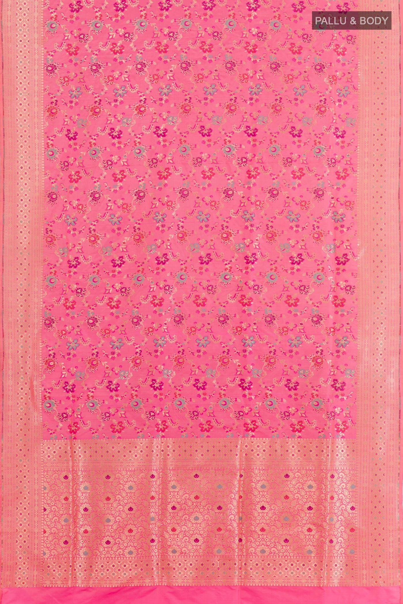 Flat view of Pink Banarasi Silk Saree with Zari Brocade on the body and Zari Border. 