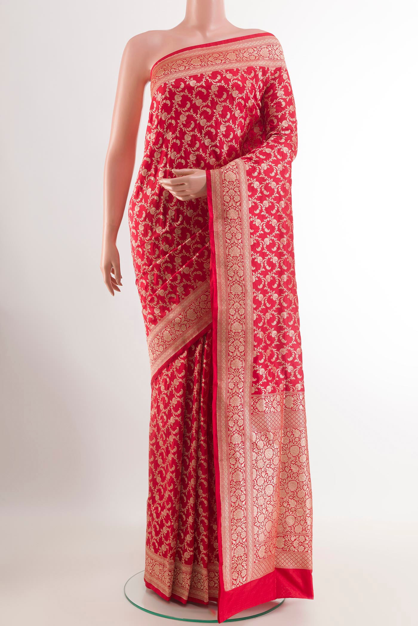Red Banarasi Silk Saree with Zari Brocade on the body and Zari Border.  displayed on a mannequin