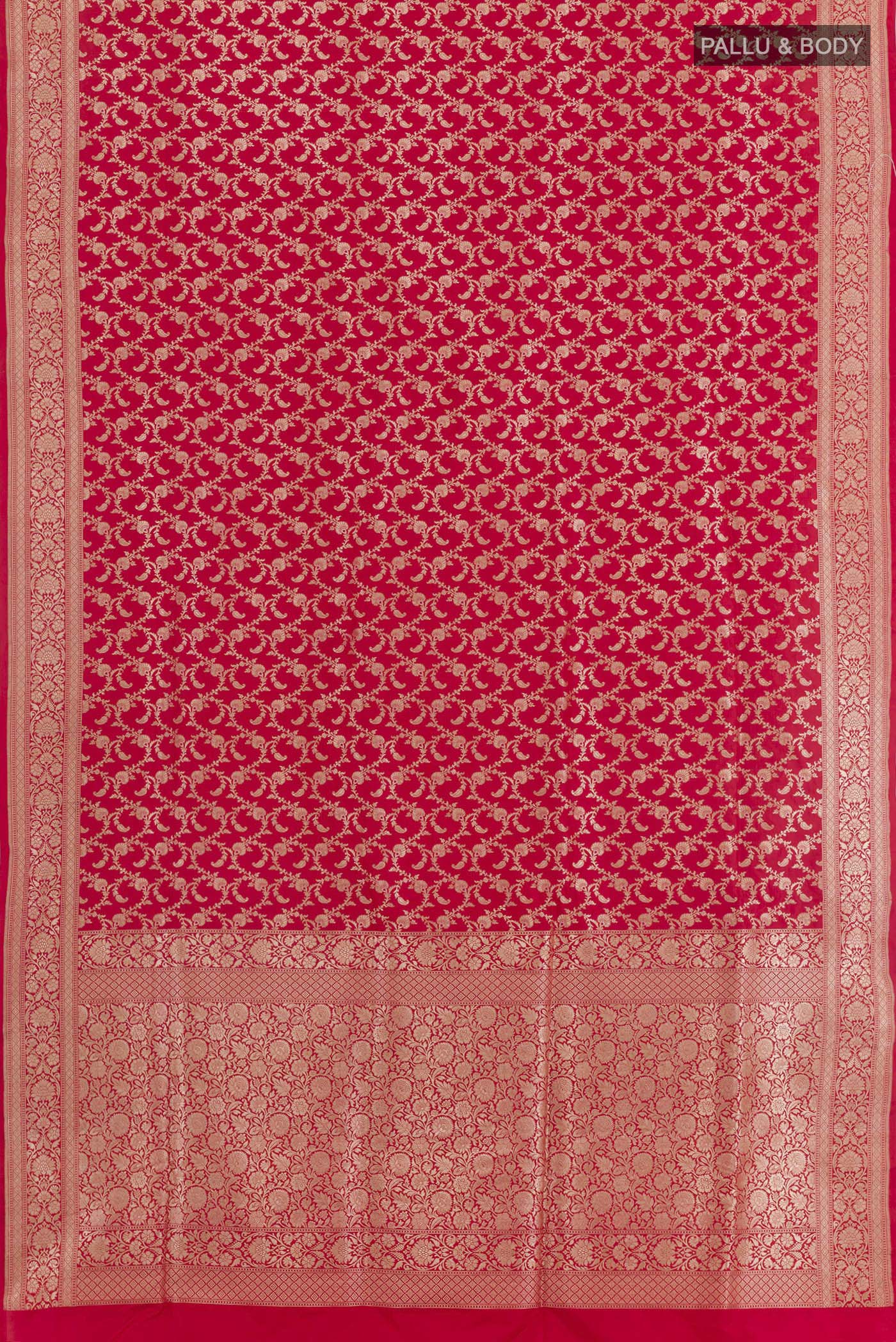 Flat view of Red Banarasi Silk Saree with Zari Brocade on the body and Zari Border. 