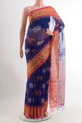 Blue Kora Cotton Saree with Ikat design on the body and Zari Border.  displayed on a mannequin