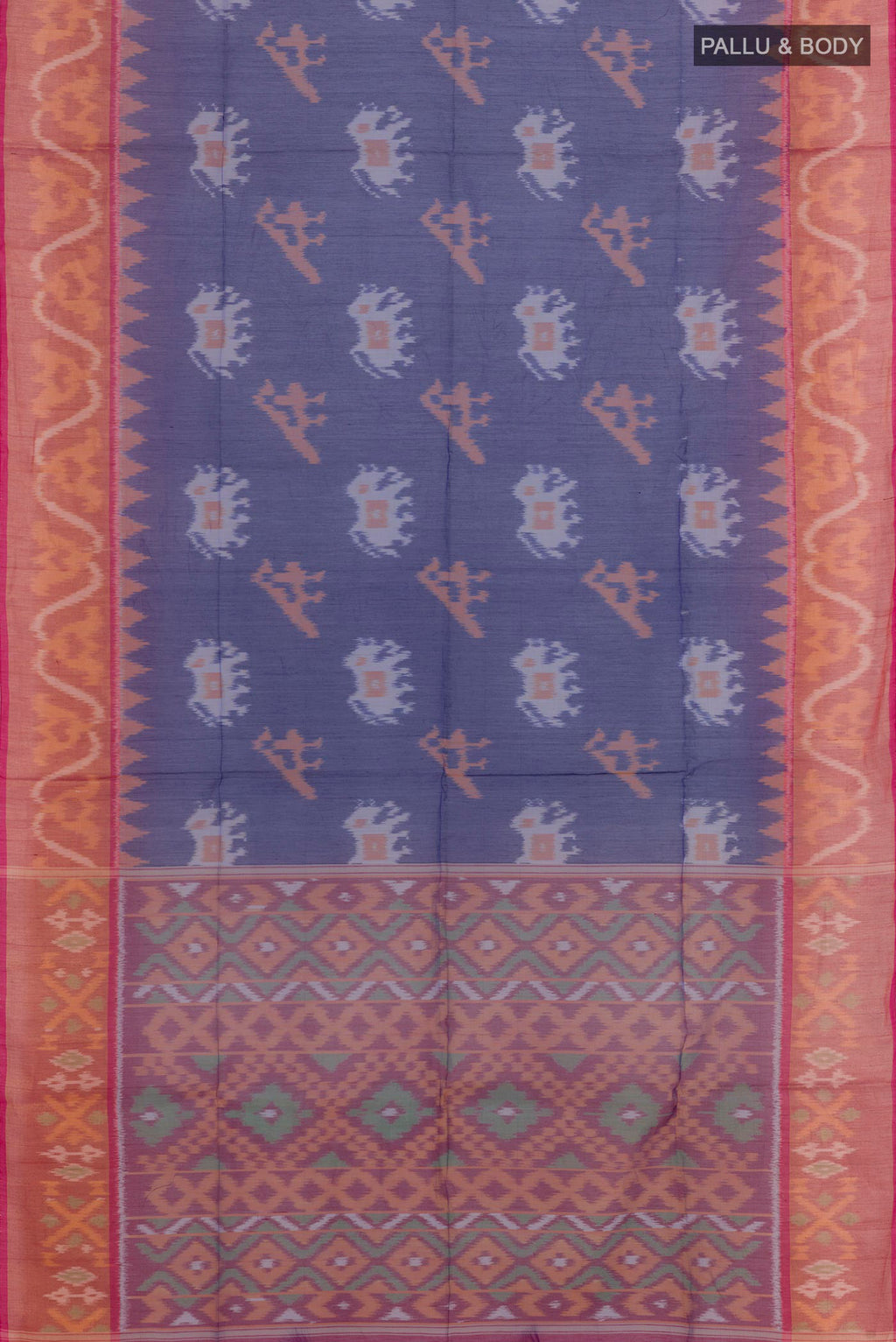 Flat view of Blue Kora Cotton Saree with Ikat design on the body and Zari Border. 