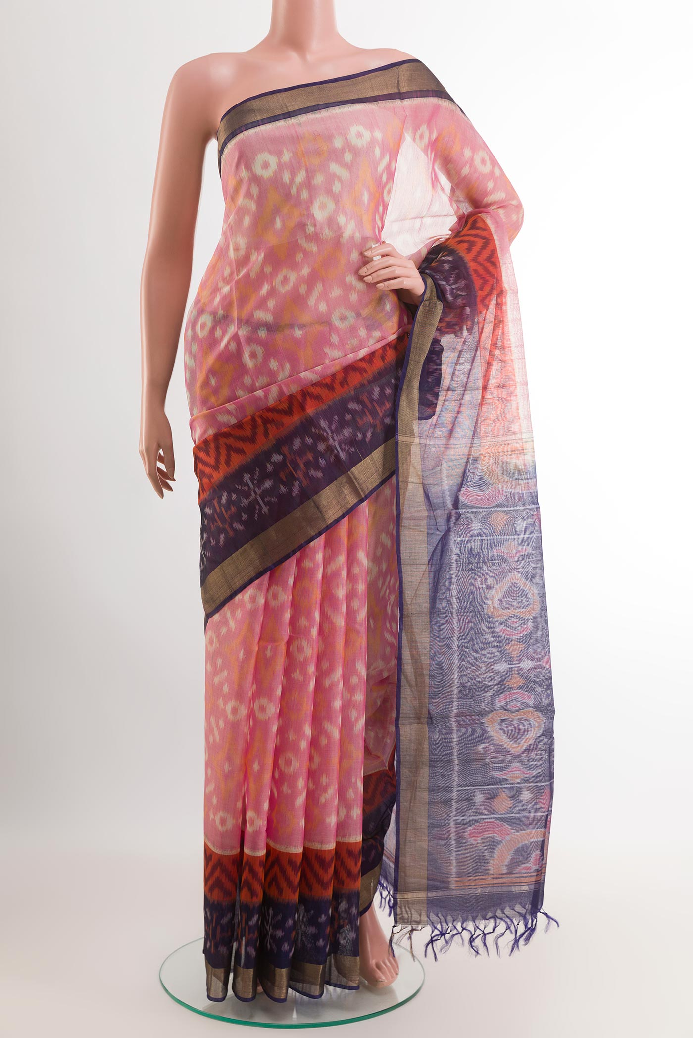 Pink Blended Kora Cotton Saree with Pure Ikat on the body and Zari Border.  displayed on a mannequin