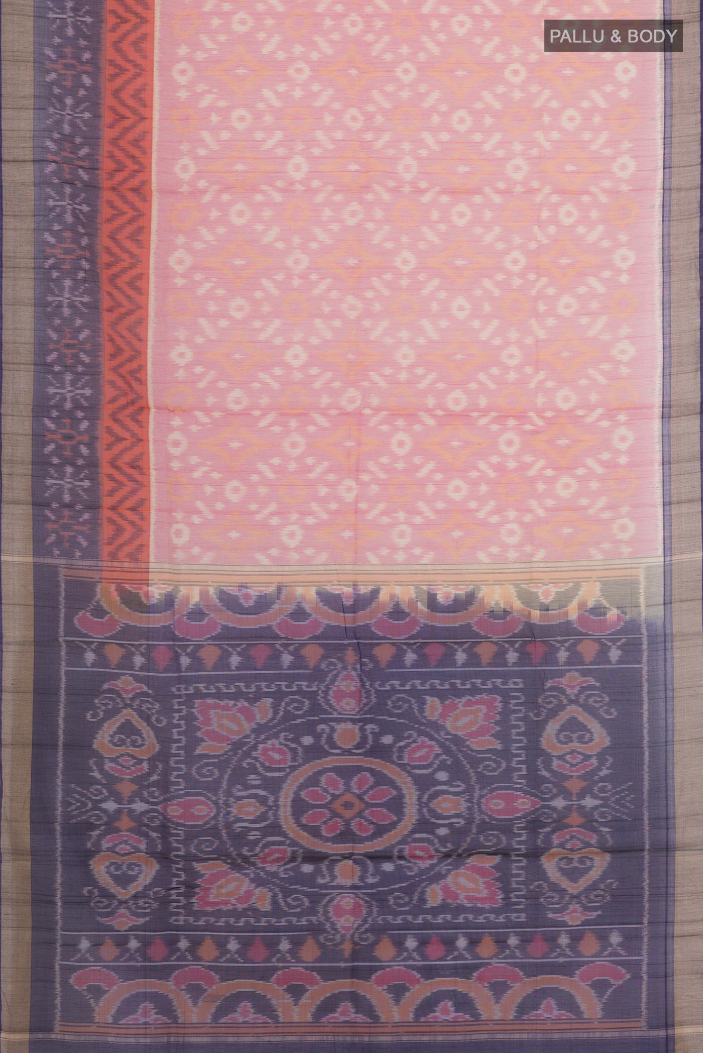 Flat view of Pink Blended Kora Cotton Saree with Pure Ikat on the body and Zari Border. 