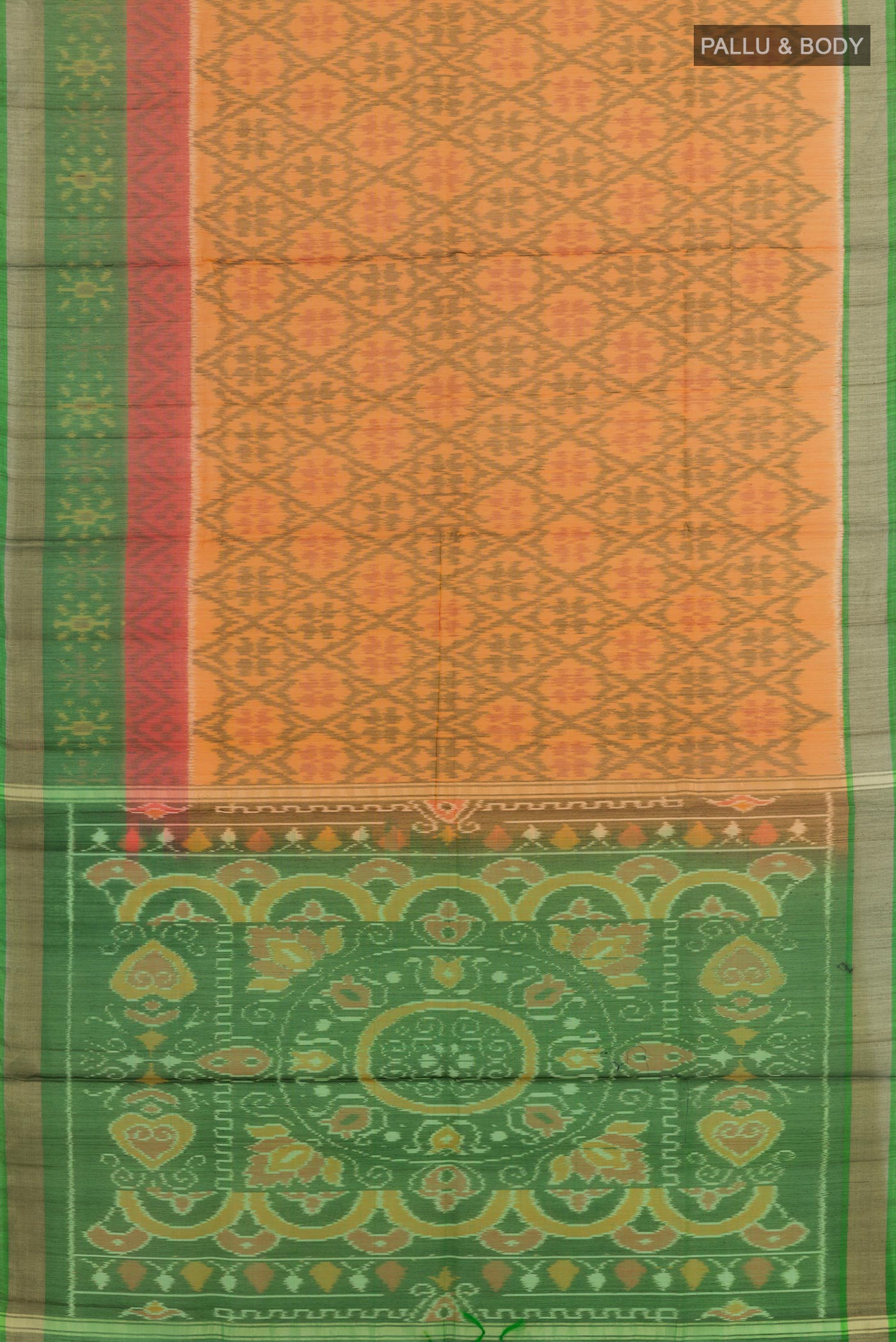 Flat view of Mustard Blended Kora Cotton Saree with Ikat design on the body and Zari Border. 