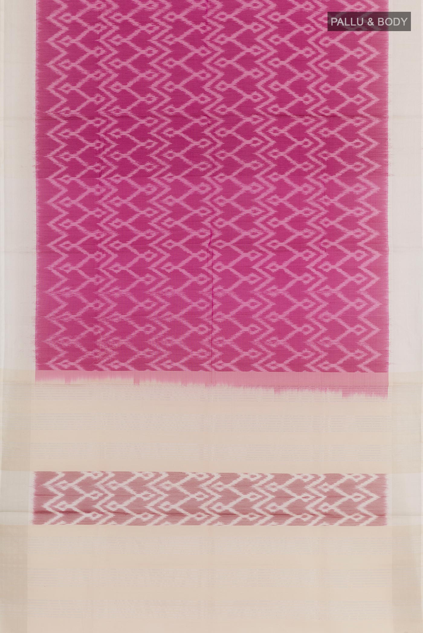 Flat view of Purple Blended Kora Cotton Saree with Ikat design on the body and Zari Border. 