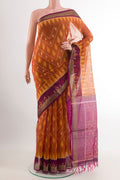 Mustard Blended Kora Cotton Saree with Ikat design on the body and Zari Border.  displayed on a mannequin