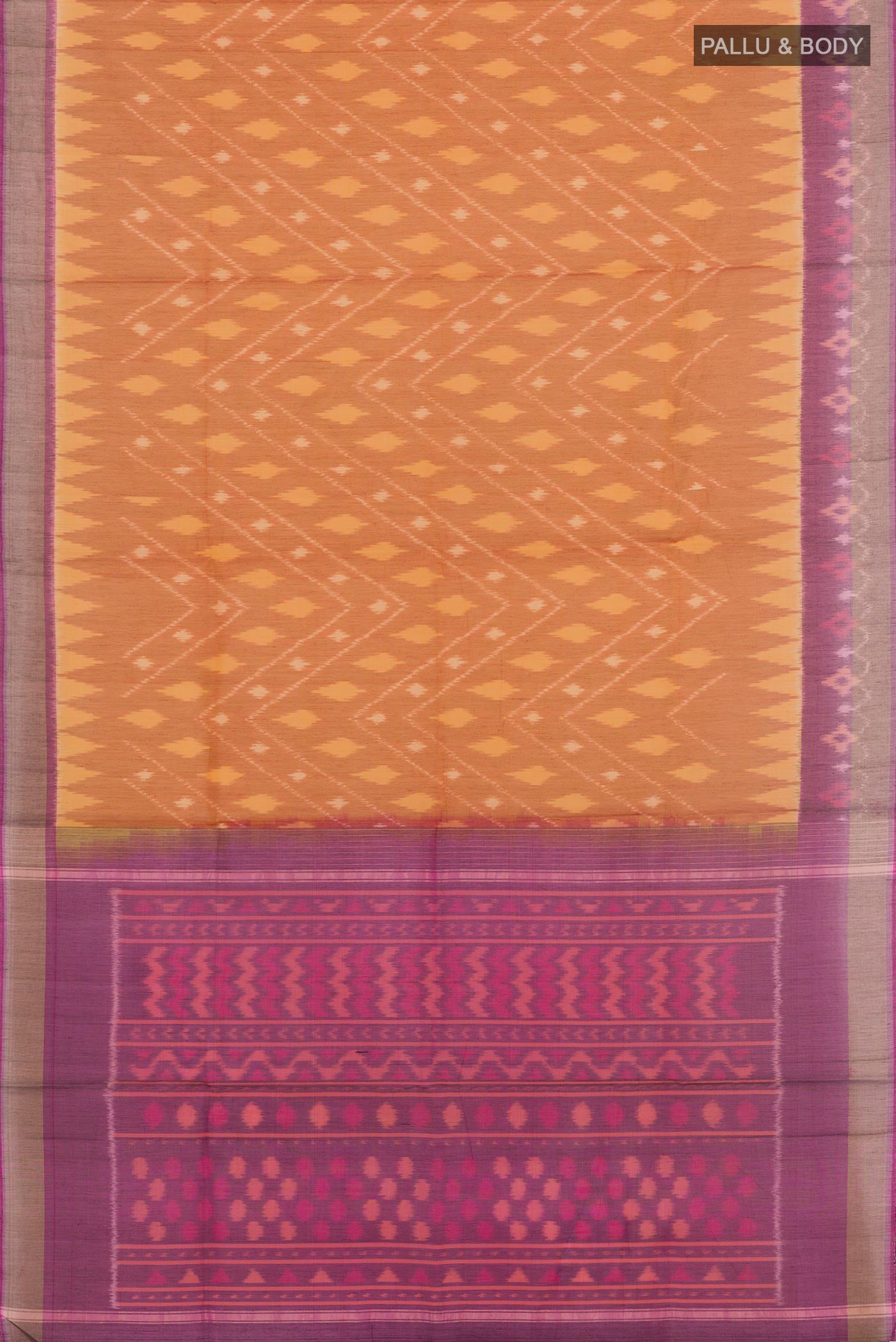 Flat view of Mustard Blended Kora Cotton Saree with Ikat design on the body and Zari Border. 