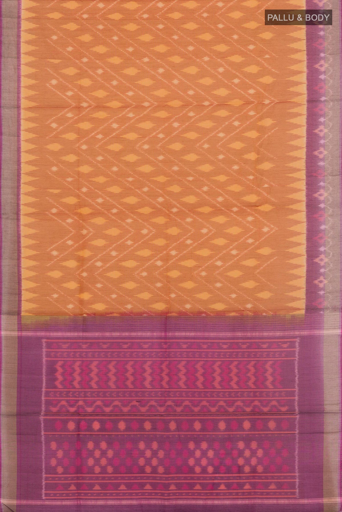 Flat view of Mustard Blended Kora Cotton Saree with Ikat design on the body and Zari Border. 