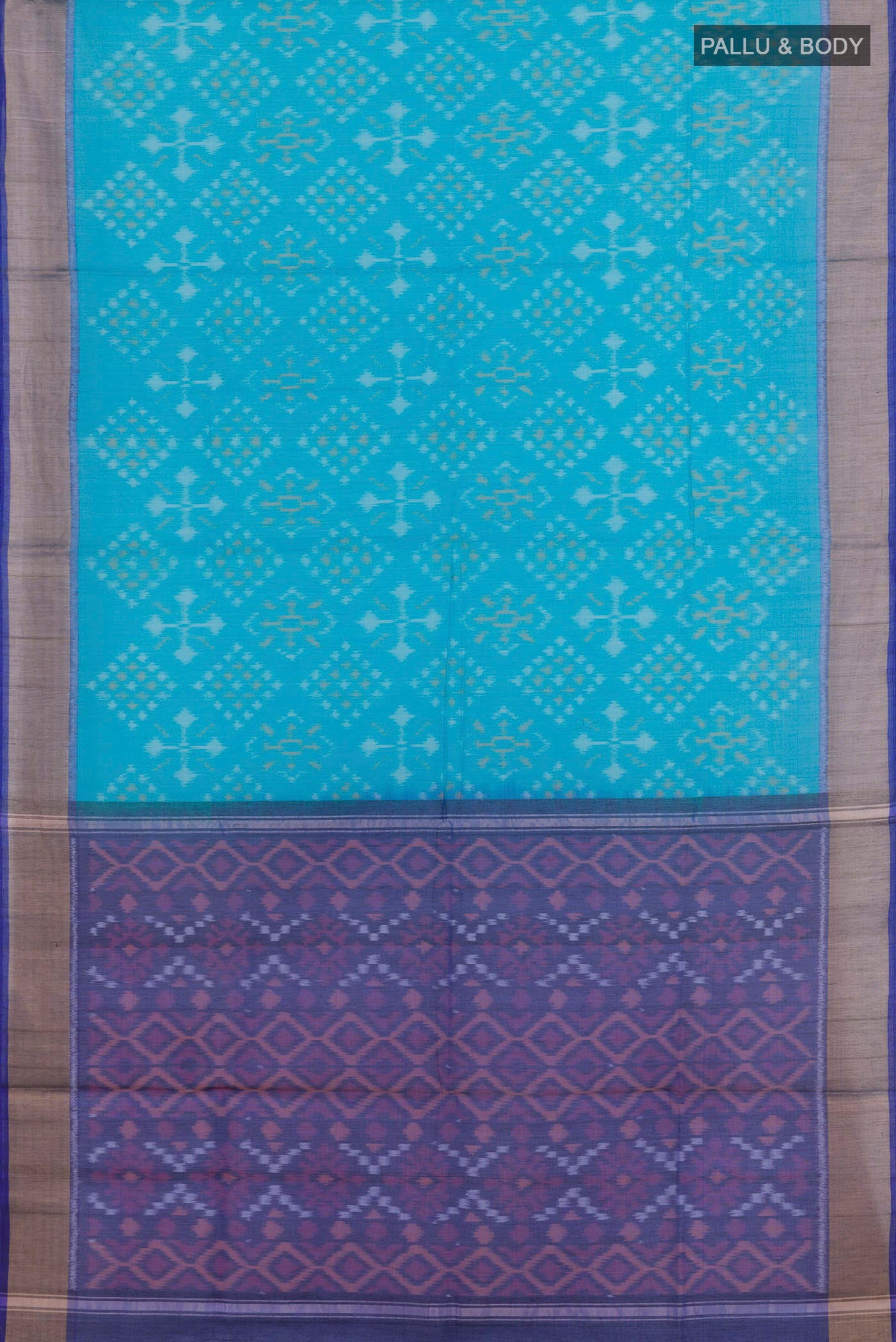 Flat view of Sky Blue Blended Kora Cotton Saree with Ikat design on the body and Zari Border. 