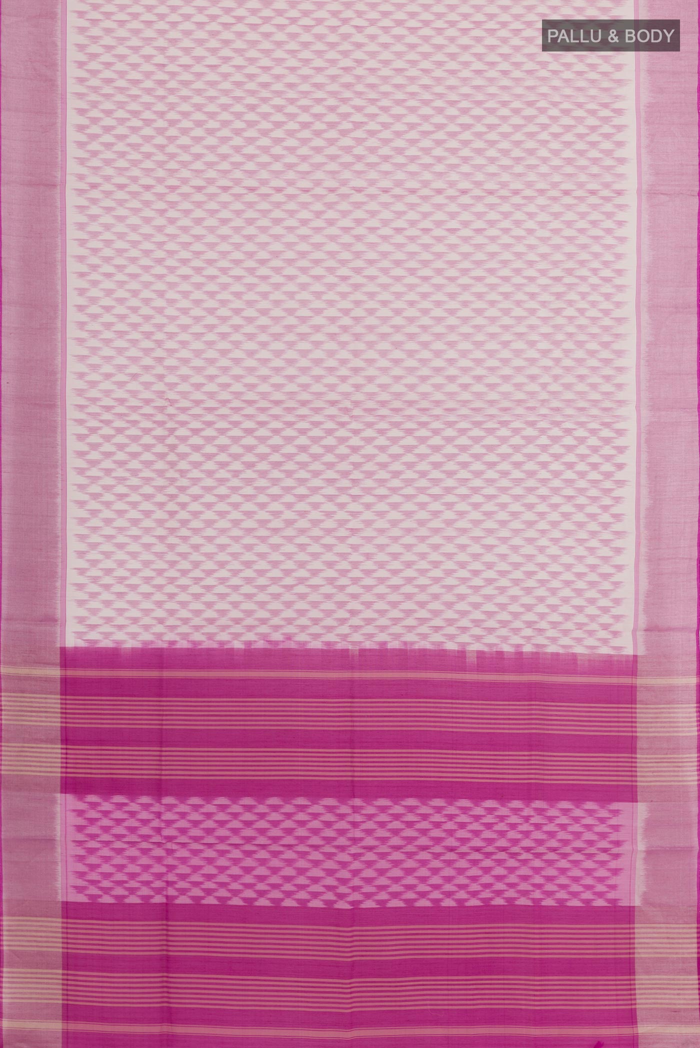 Flat view of Off White Blended Kora Cotton Saree with Pure Ikat on the body and Zari Border. 