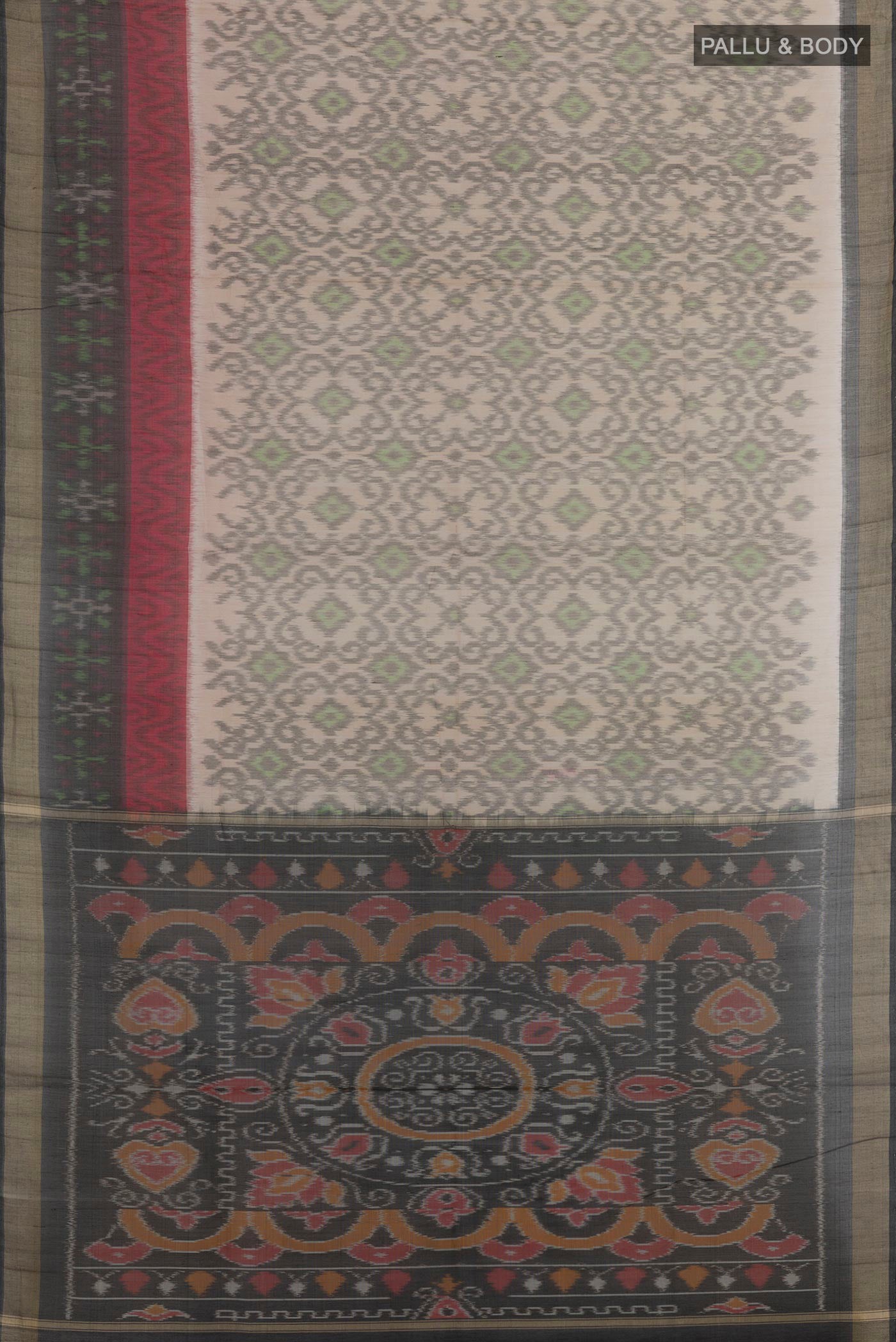 Flat view of Beige Kora Cotton Saree with Ikat design on the body and Zari Border. 