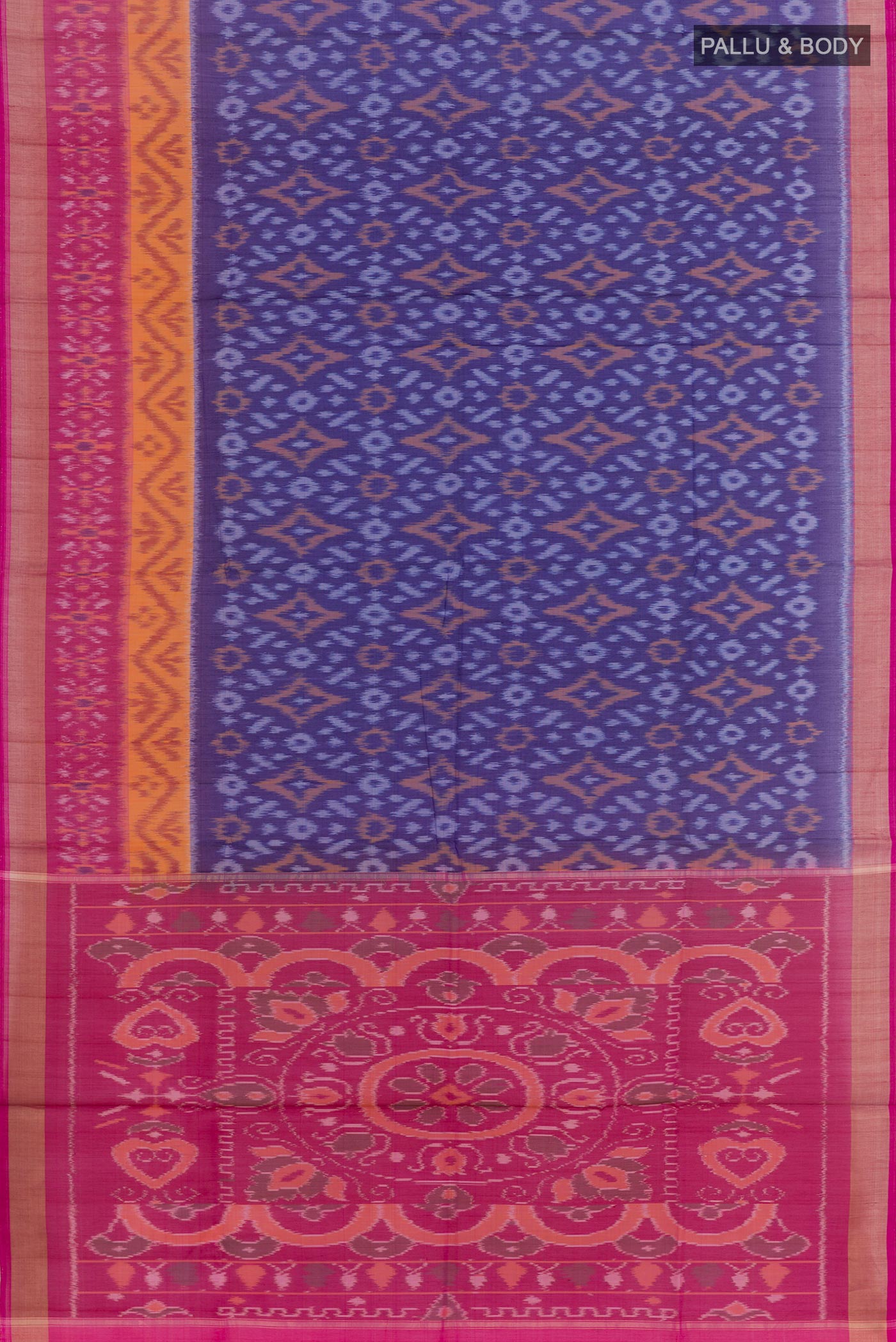 Flat view of Blue Blended Kora Cotton Saree with Ikat design on the body and Zari Border. 