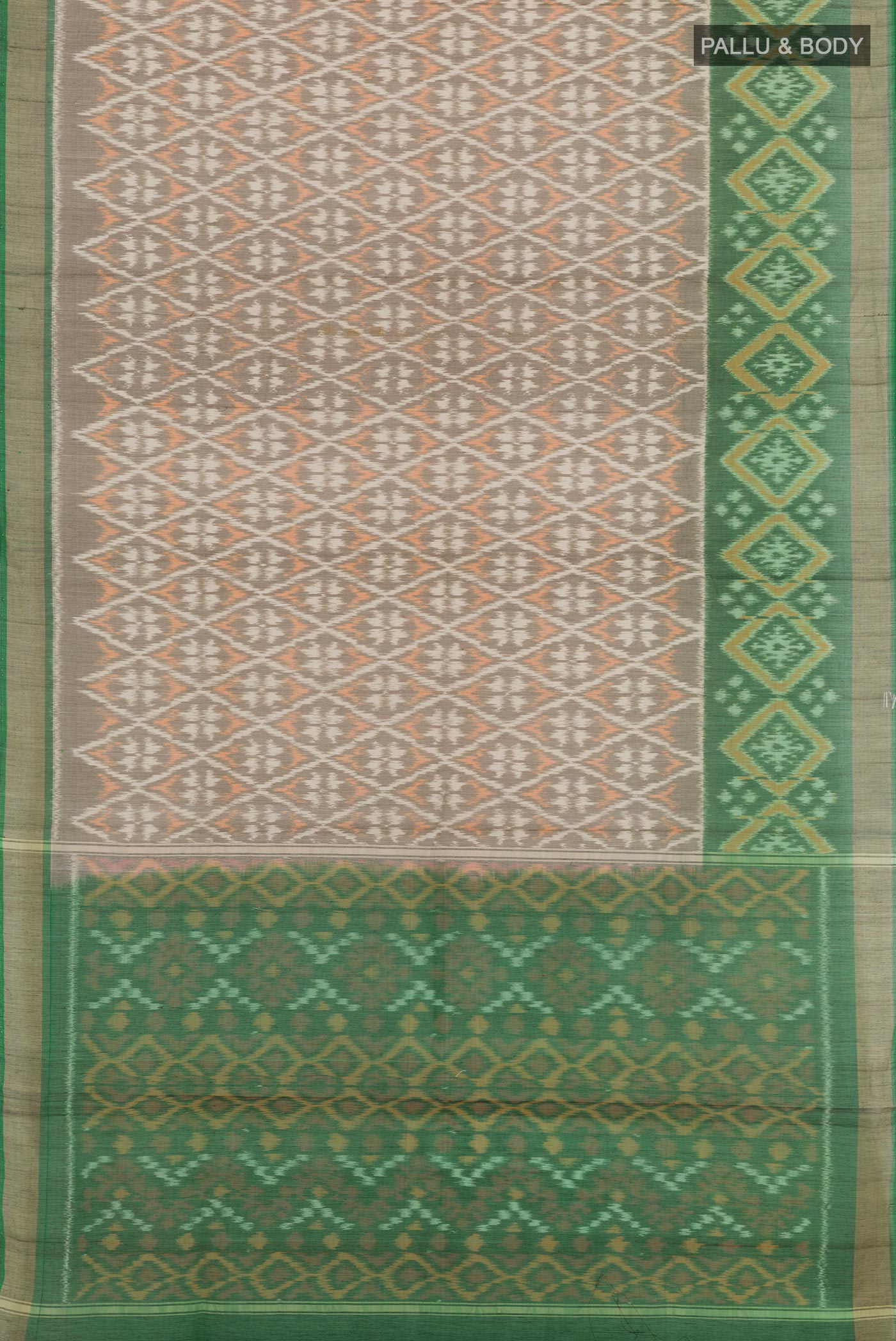 Flat view of Off White Blended Kora Cotton Saree with Pure Ikat on the body and Zari Border. 