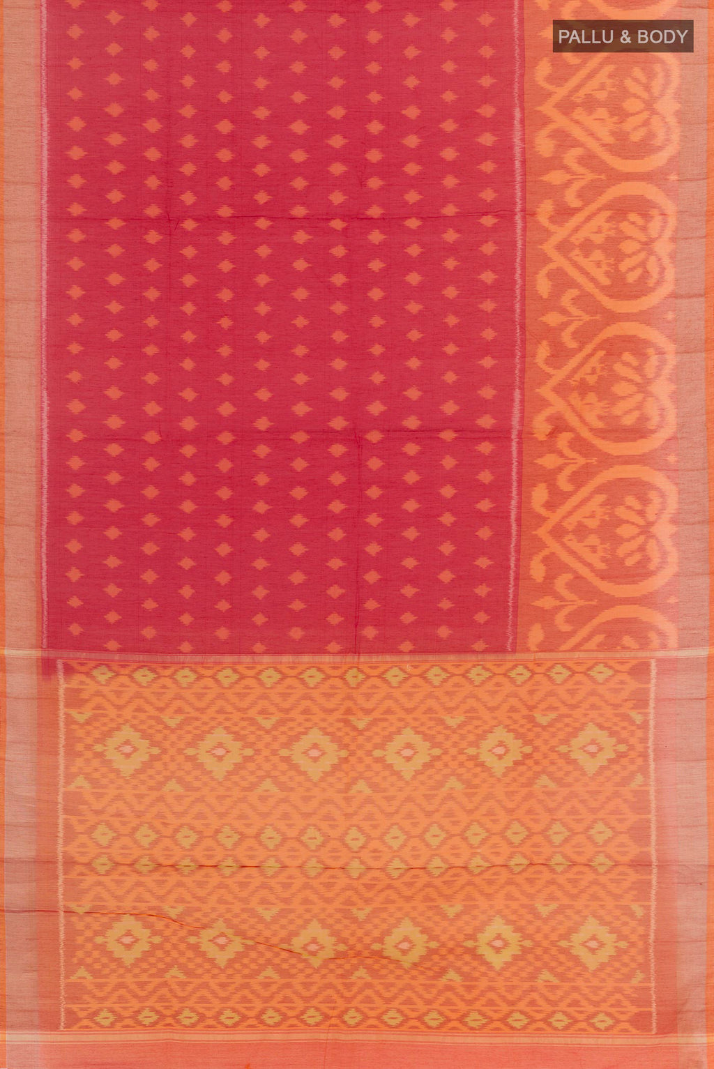 Flat view of Red Blended Kora Cotton Saree with Ikat design on the body and Zari Border. 