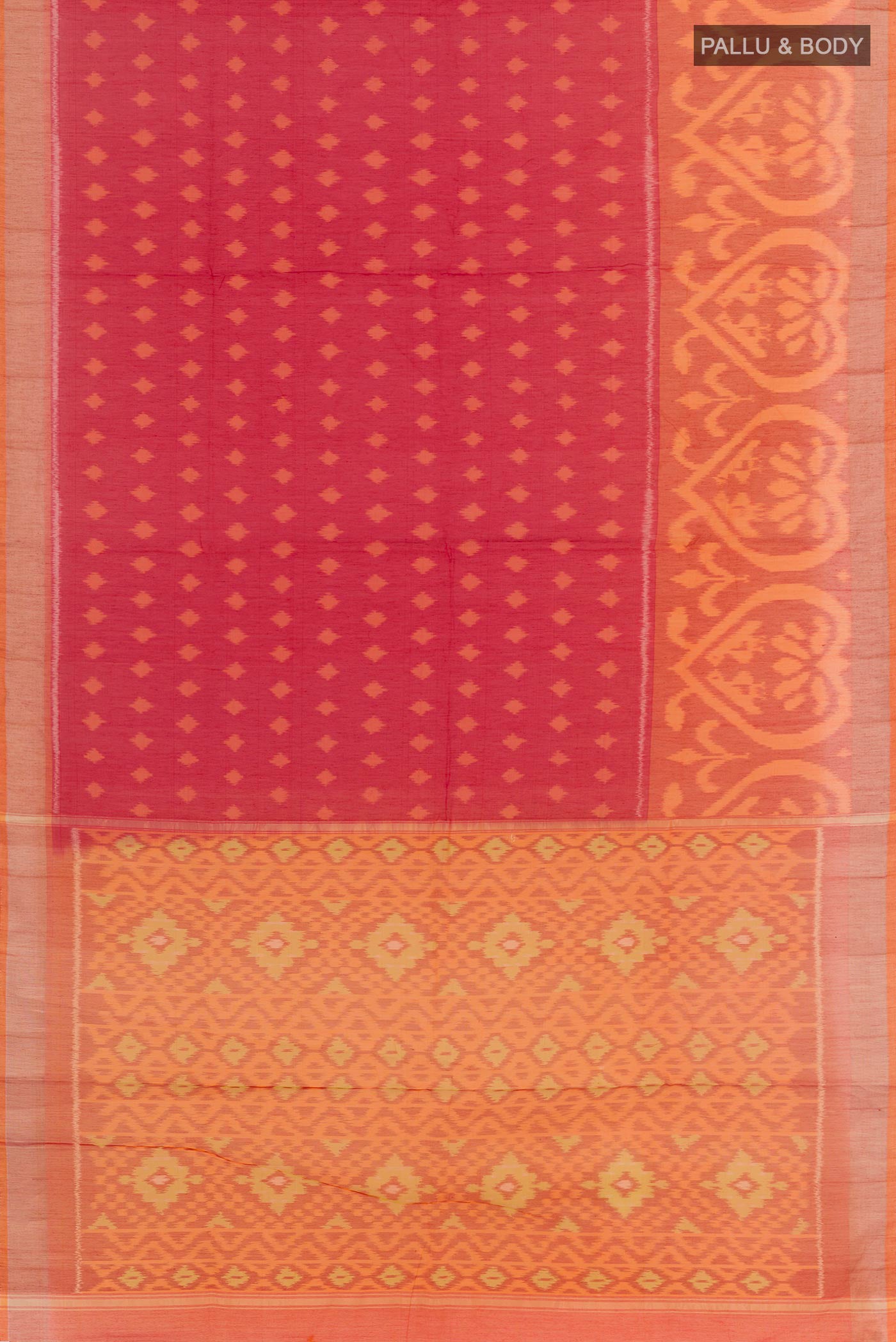 Flat view of Red Blended Kora Cotton Saree with Ikat design on the body and Zari Border. 
