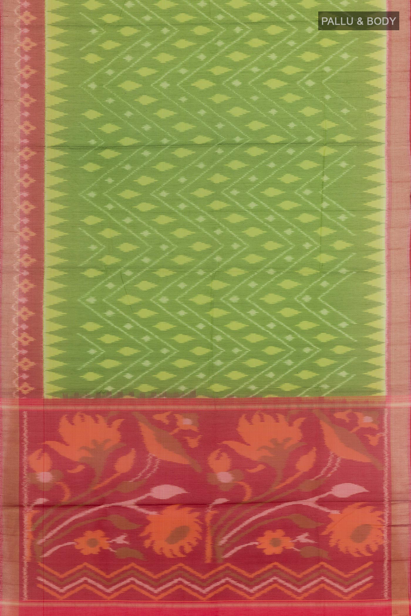 Flat view of Green Blended Kora Cotton Saree with Ikat design on the body and Zari Border. 