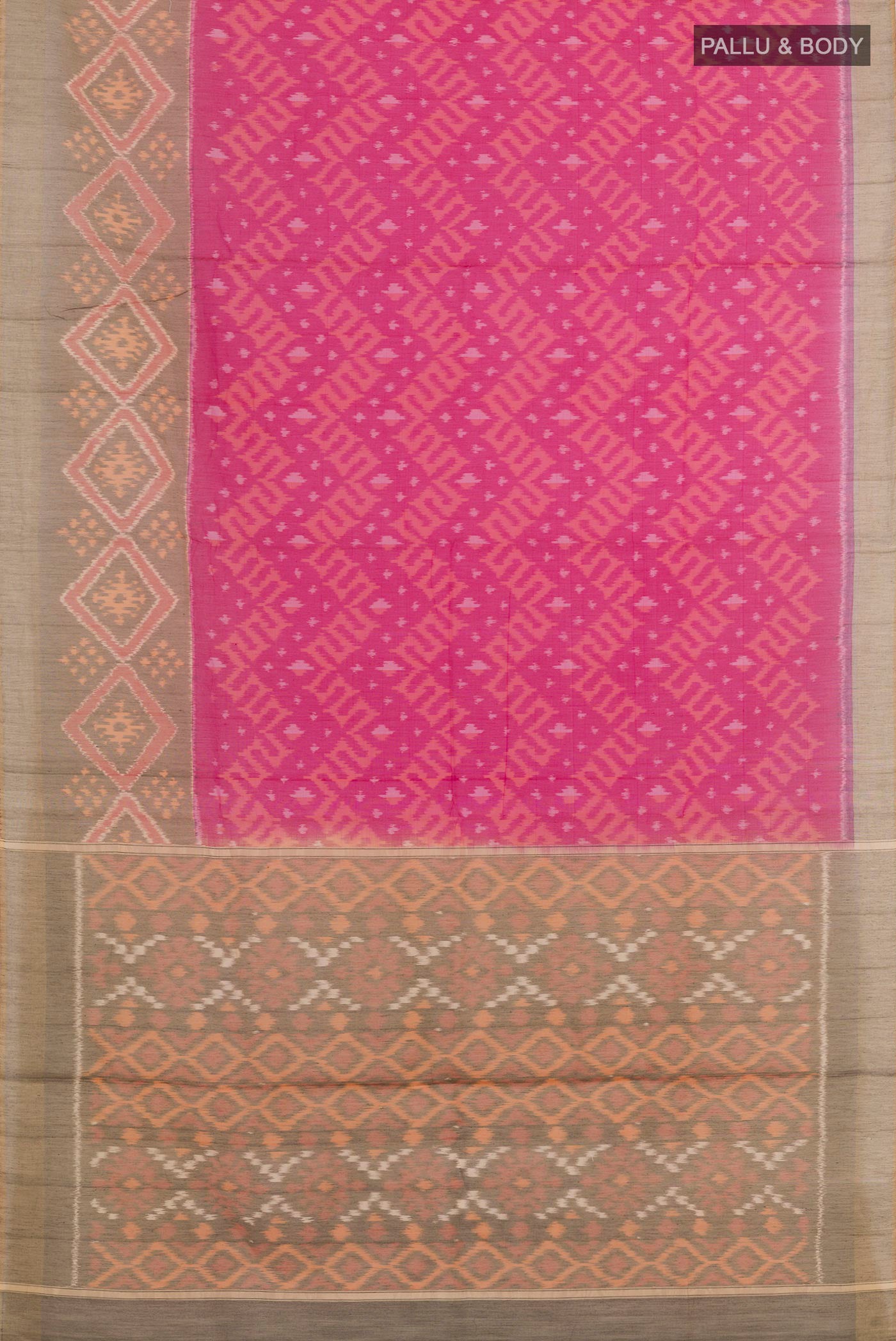 Flat view of Pink Kora Cotton Saree with Ikat design on the body and Zari Border. 