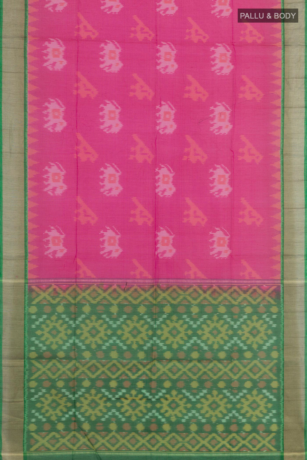 Flat view of Pink Kora Cotton Saree with Ikat design on the body and Zari Border. 