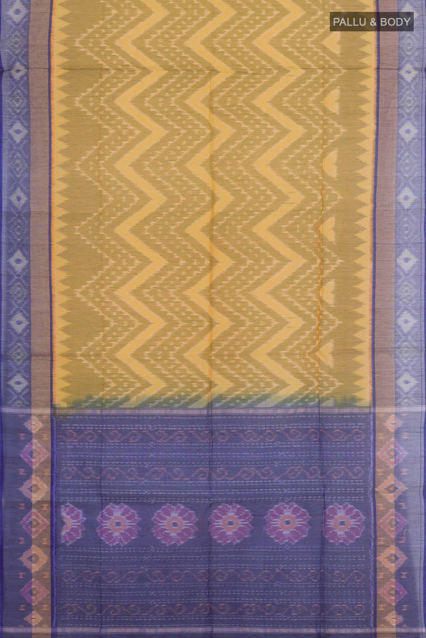 Flat view of Yellow Blended Kora Cotton Saree with Ikat design on the body and Zari Border. 