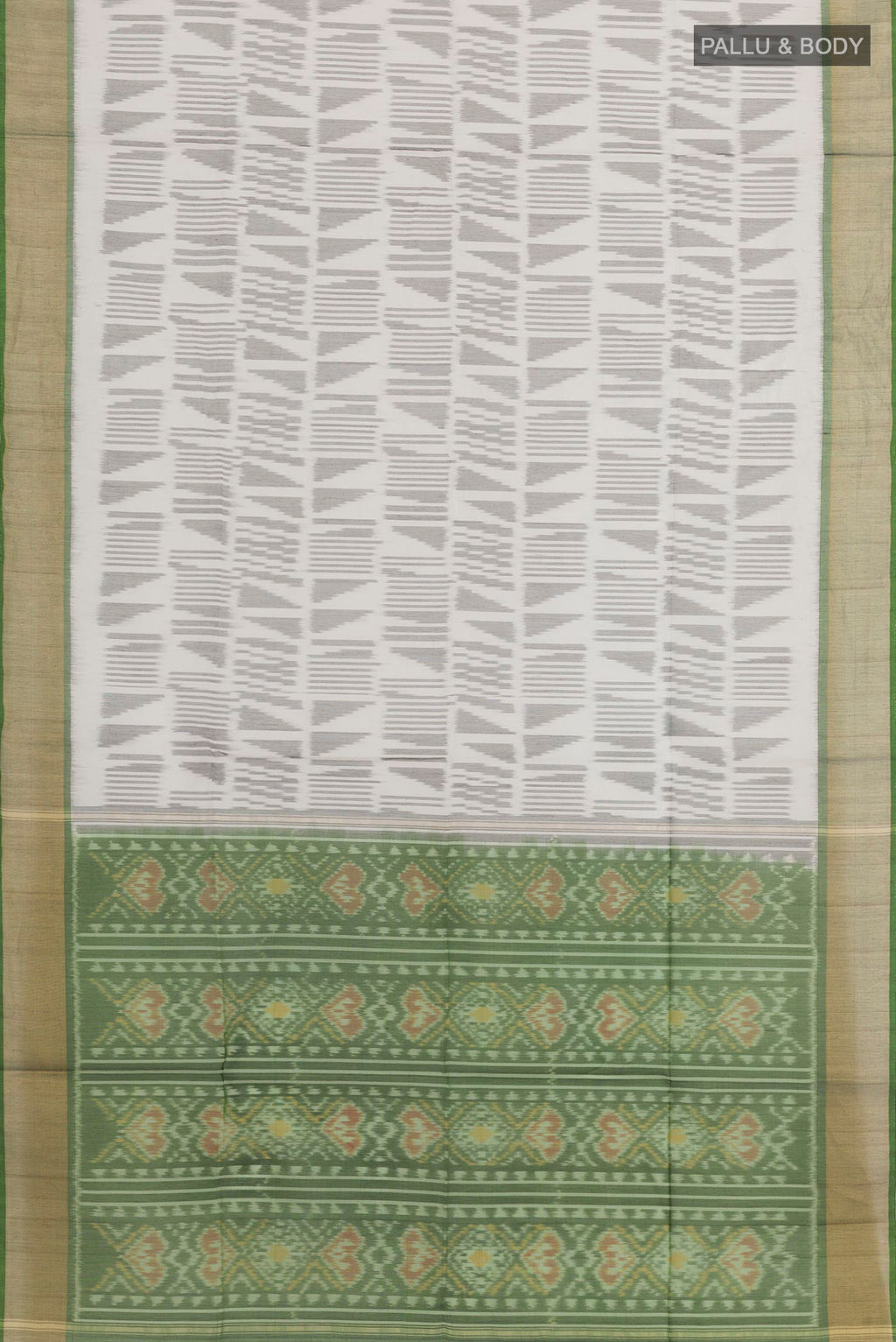 Flat view of Off White Blended Kora Cotton Saree with Ikat design on the body and Zari Border. 