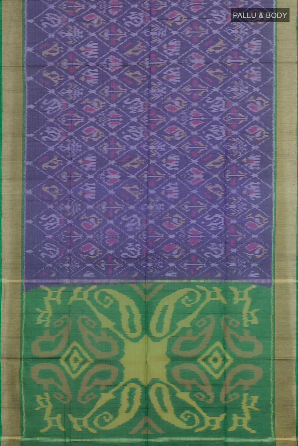 Flat view of Blue Blended Kora Cotton Saree with Ikat design on the body and Zari Border. 