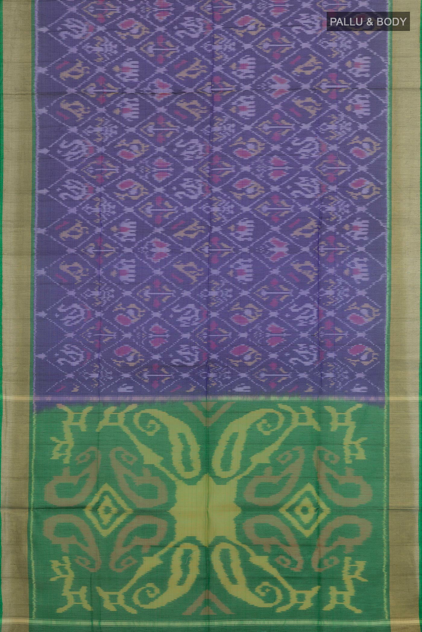 Flat view of Blue Blended Kora Cotton Saree with Ikat design on the body and Zari Border. 